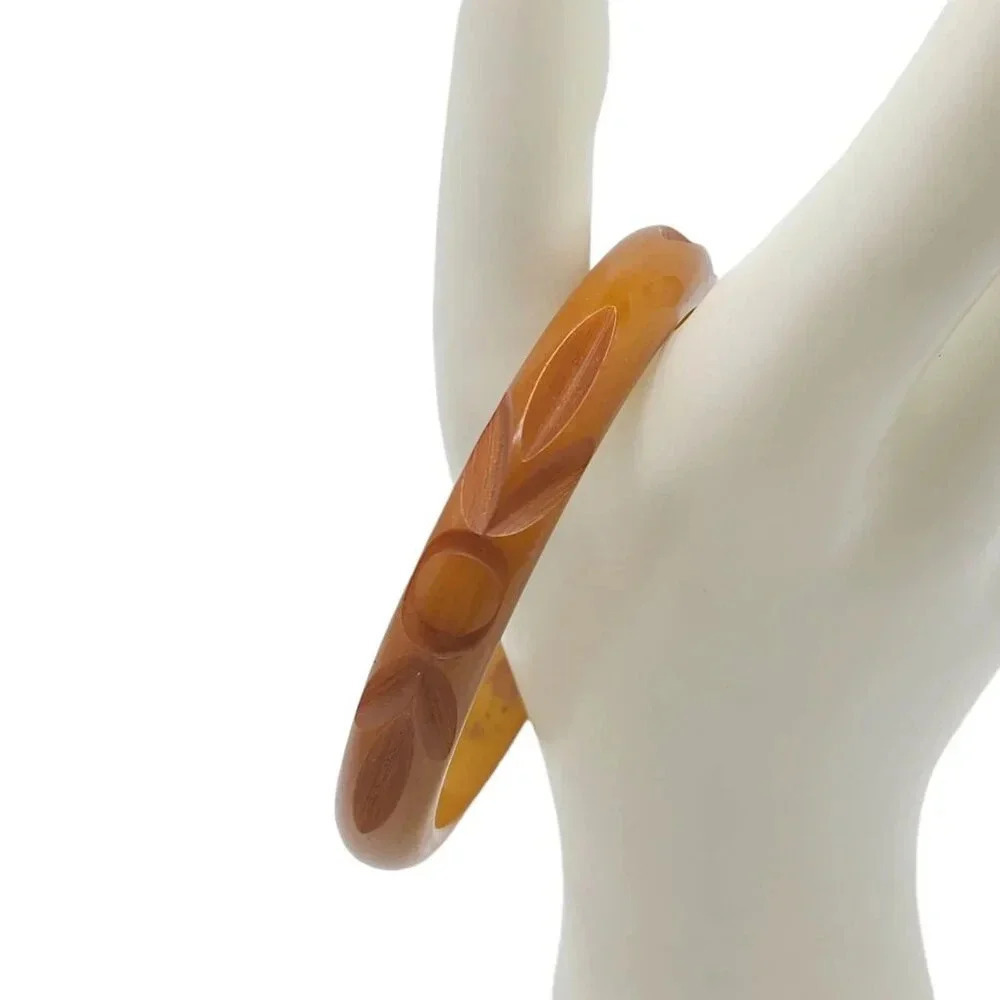 Orange Bakelite Carved Floral Bangle Bracelet Vintage